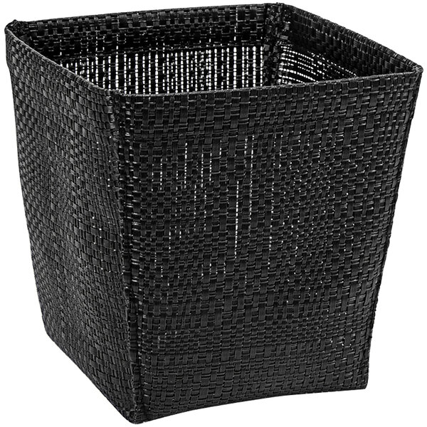 A black woven vinyl basket with a random weave design.