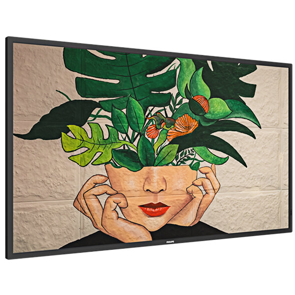 A Philips D-Line 4K UHD digital signage display showing a painting of a woman holding a potted plant.