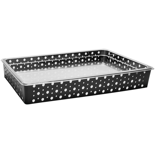 A black Front of the House tray with white polka dots.