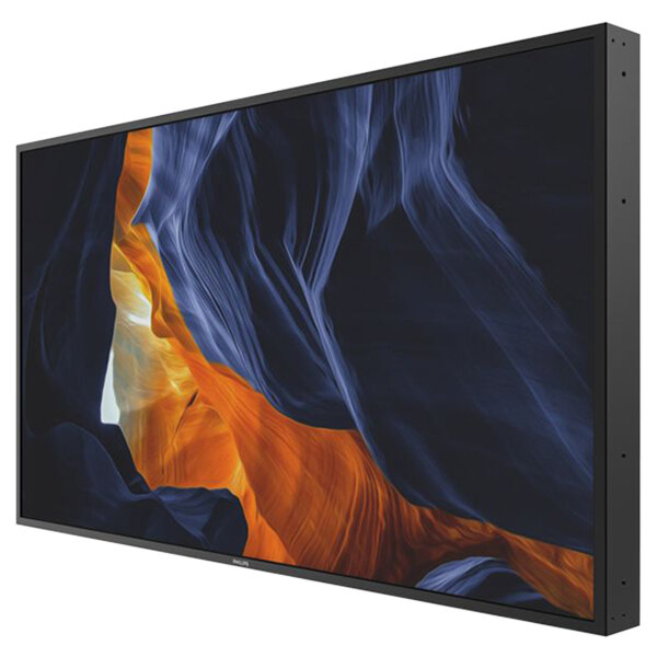A Philips H-Line digital signage display with a rectangular black frame showing a blue and orange rock formation on a white screen.