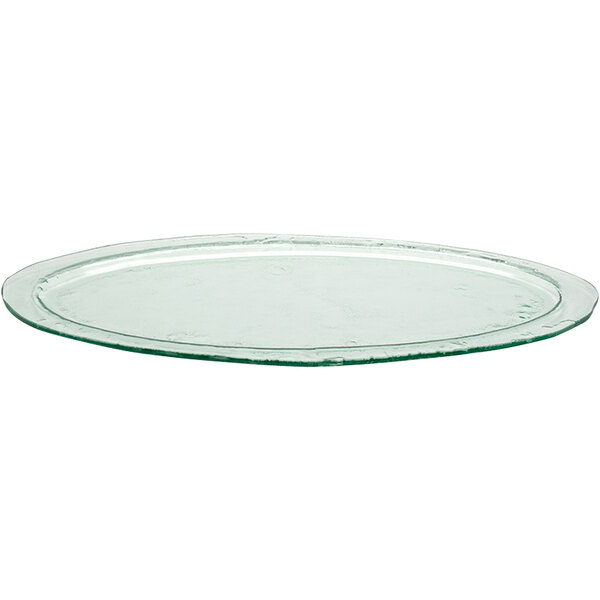 A Front of the House clear glass oval platter with a rim.