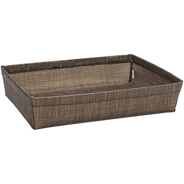 A brown woven vinyl basket with handles.
