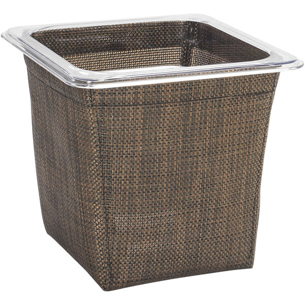 A brown woven vinyl deep housing and pan set with a clear lid.