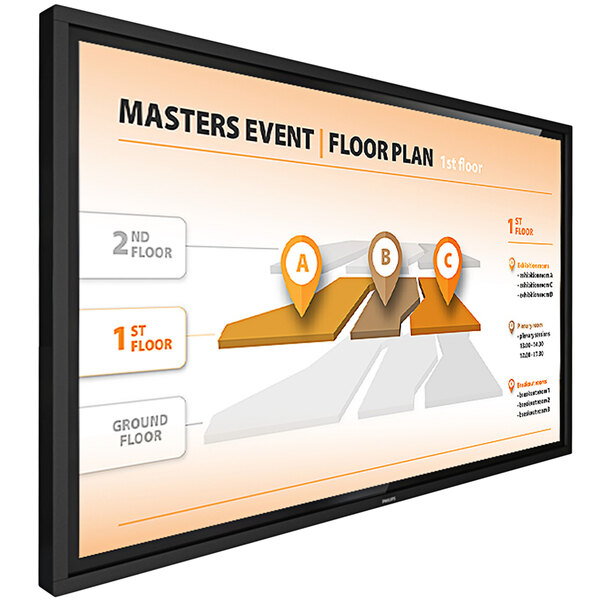 A Philips T-Line 43" 4K UHD touchscreen display with a black frame showing a diagram of the master event floorplan.