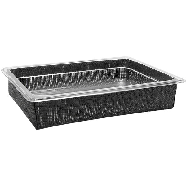 A black woven vinyl shallow pan with a mesh bottom in a black and silver basket.
