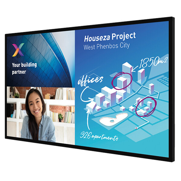 A woman smiling at a house project on a Philips 55" 4K UHD digital touchscreen television.