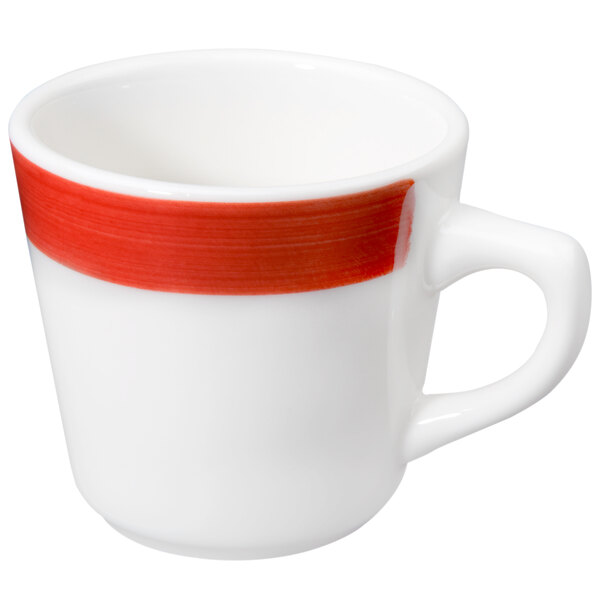 A white stoneware coffee cup with a red stripe and rolled edge.