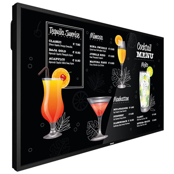 A Philips P-Line 43" 4K UHD digital menu board with drinks on it.