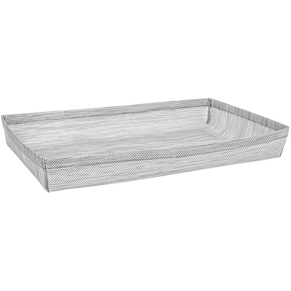 A black and white Front of the House Metroweave mesh woven basket with a grey handle on a table in a salad bar.