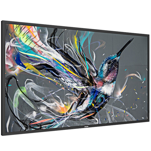 A white painting of a colorful hummingbird with a long beak on a Philips Q-Line UHD digital signage display.