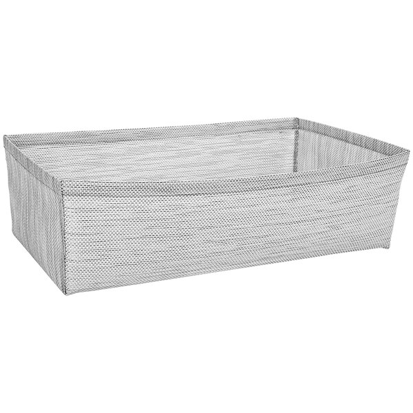 A grey mesh woven vinyl basket with a handle.