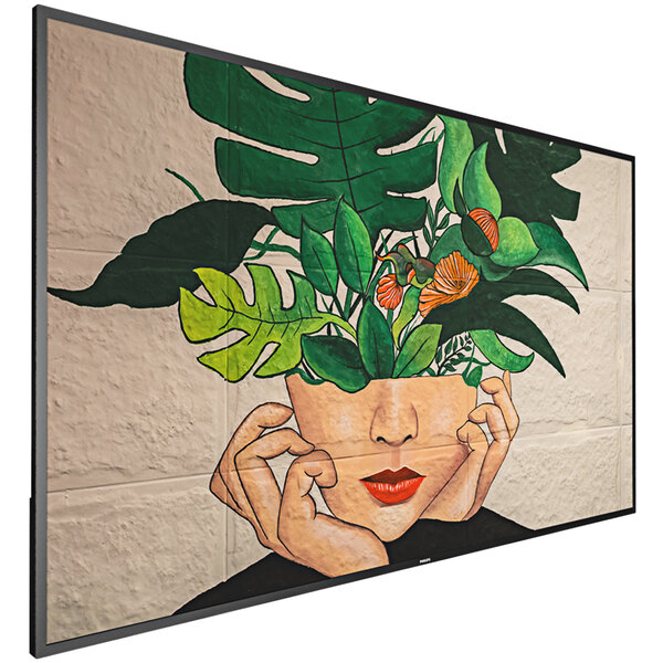 A Philips digital signage display showing a painting of a woman holding a plant.
