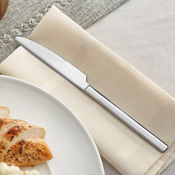 An Acopa stainless steel dinner knife next to a plate of food on a table.