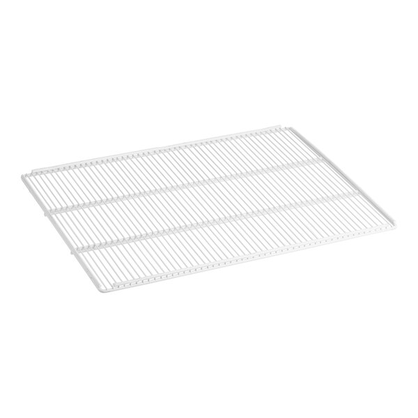 A white wire rack with a grid on it.