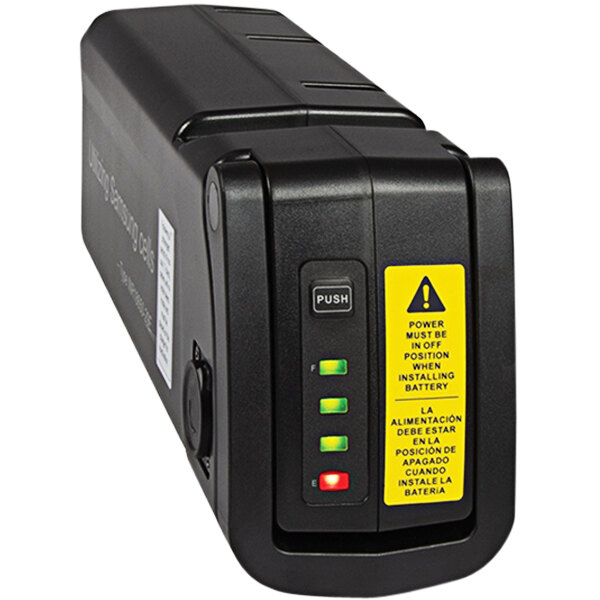 A black power supply with a yellow and green light.