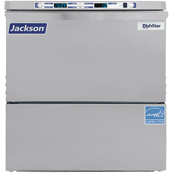A white Jackson Undercounter DishStar dishwasher with blue labels.