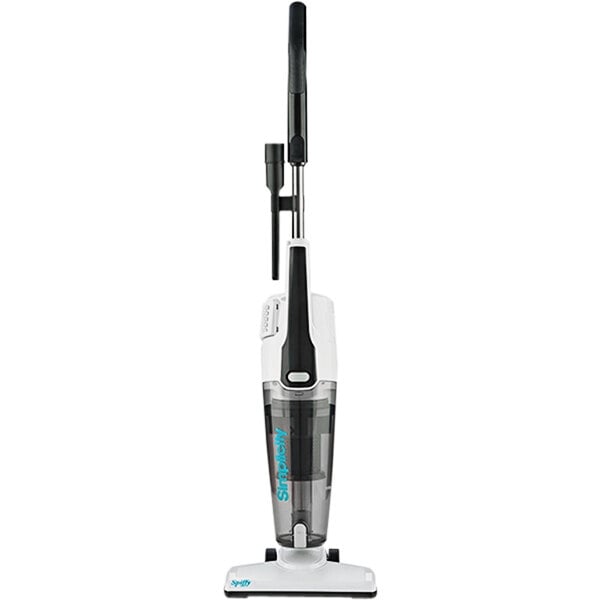 A Simplicity Spiffy S60 bagless broom vacuum with a black and white design.