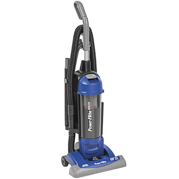 A blue and black Powr-Flite bagless upright vacuum cleaner.