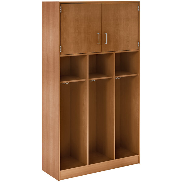 A medium cherry wooden locker with three upper doors and adjustable middle shelves.