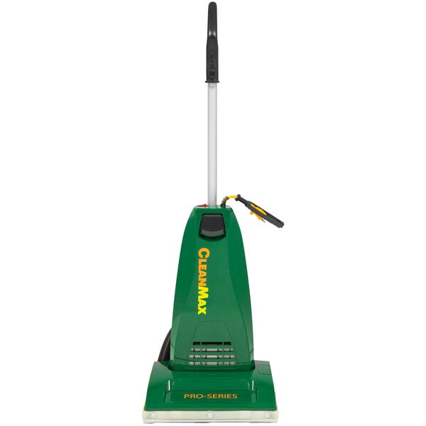 A green and yellow CleanMax Pro Series upright vacuum cleaner with a handle.