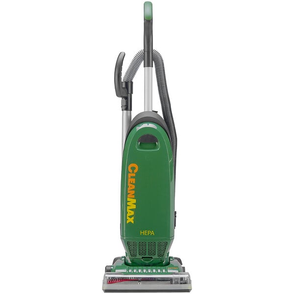 A green and black CleanMax Nitro Series upright vacuum cleaner with orange text on the container.