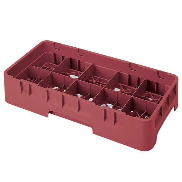A red plastic Cambro glass rack with compartments and an extender.