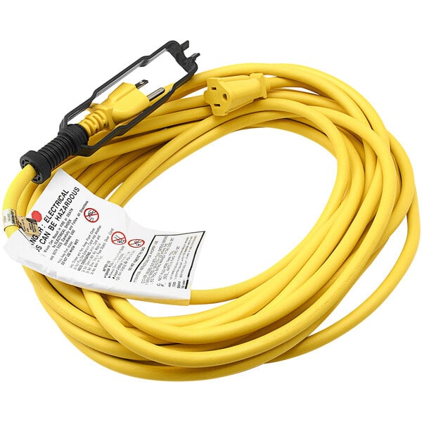 A yellow extension cord with a black plug.