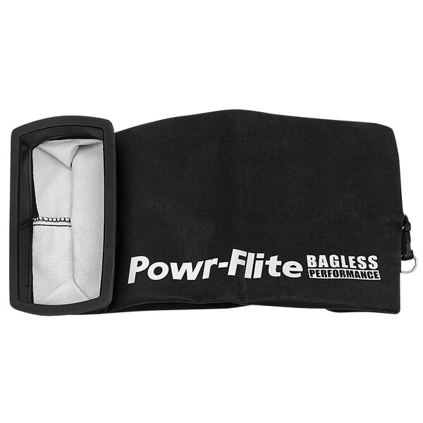 A black bag with white text that says "Powr-Flite X1821 Upper Cloth Bag for PF712DC Vacuum"