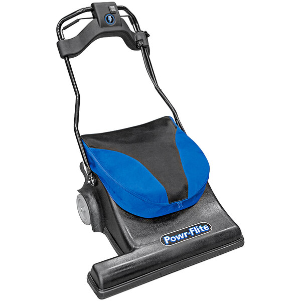 A black and blue Powr-Flite wide area vacuum cleaner with a bag.