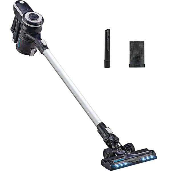 A Simplicity S65S cordless stick vacuum with blue light.