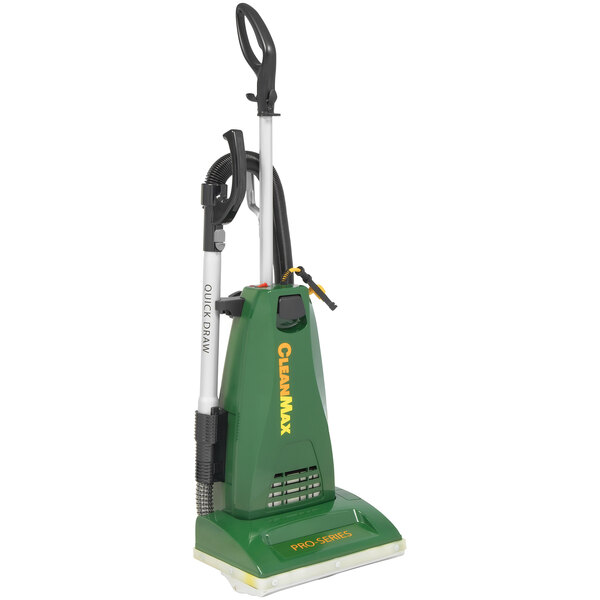A green and yellow CleanMax Pro Series upright vacuum cleaner with green nozzles.