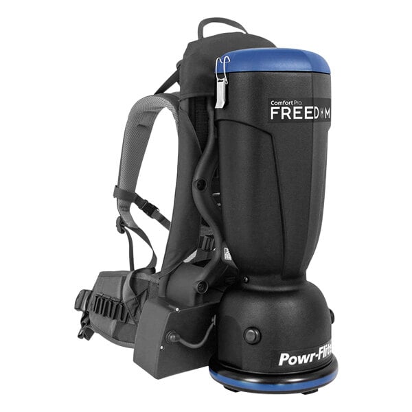 A black and blue Powr-Flite Comfort Pro Freedom cordless backpack vacuum.