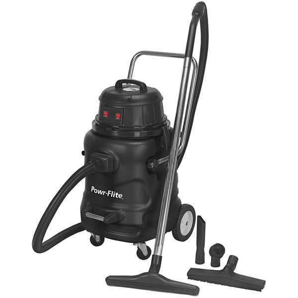 A close-up of a black Powr-Flite wet/dry vacuum cleaner with a handle.