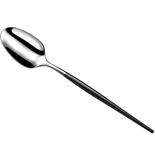 An Amefa Soprano stainless steel serving spoon with a long black handle.
