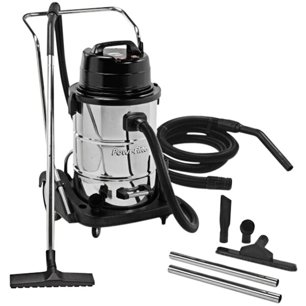 A Powr-Flite wet/dry vacuum cleaner with a hose and accessories.