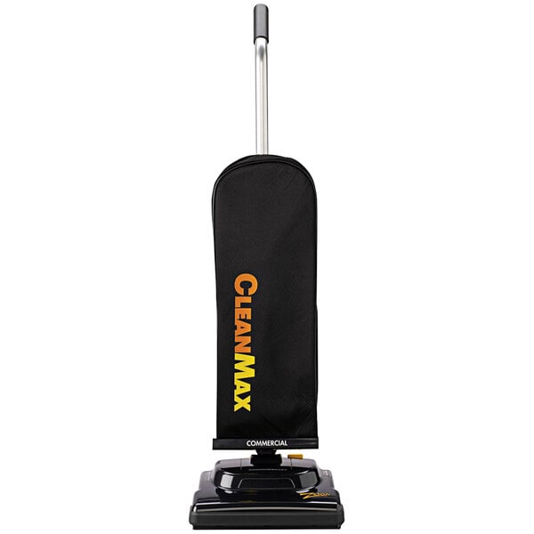 A black CleanMax Zoom ZM-200 upright vacuum cleaner with a yellow handle and orange logo.
