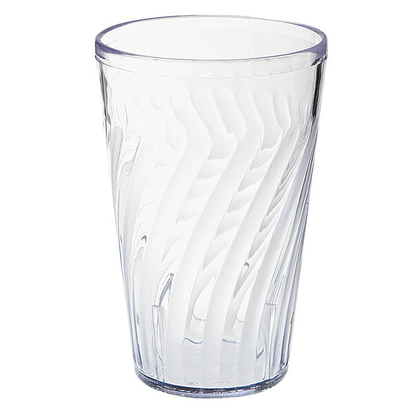 A close up of a clear curved GET Tahiti plastic tumbler.
