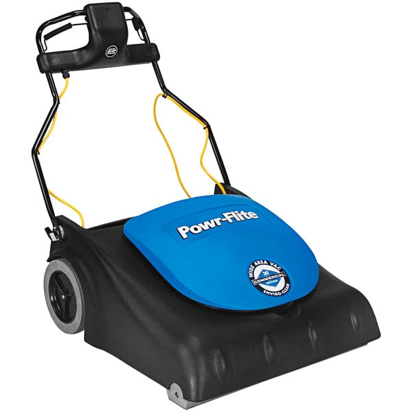 A Powr-Flite wide area vacuum cleaner with a blue and black machine and a blue lid.