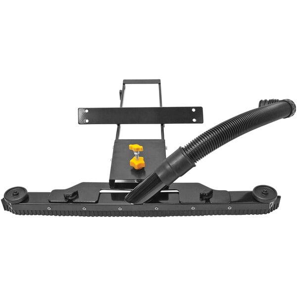 A black Powr-Flite vacuum with a front mount squeegee attachment and hose.