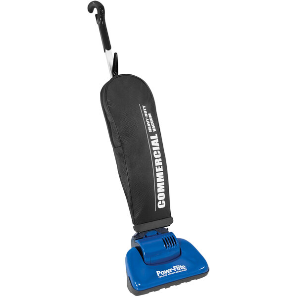 A blue and black Powr-Flite Pro-Lite upright vacuum cleaner with a black bag.
