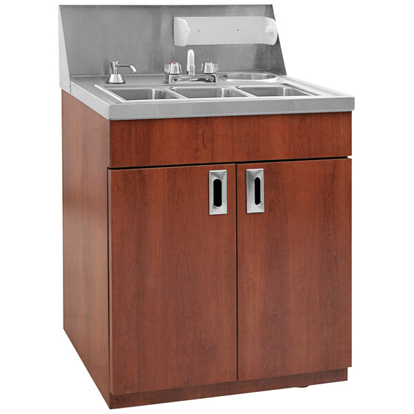 A Eagle Group portable hand sink with a laminate finish over a cabinet.