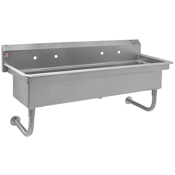 A stainless steel Eagle Group multi-station hand sink with 2 wall-mounted faucets.