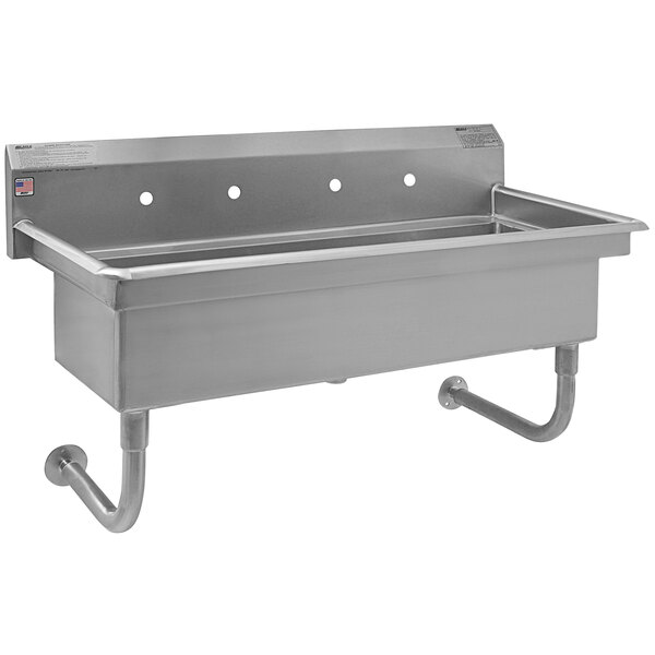 A stainless steel Eagle Group multi-station hand sink with 2 wall mounted faucets.