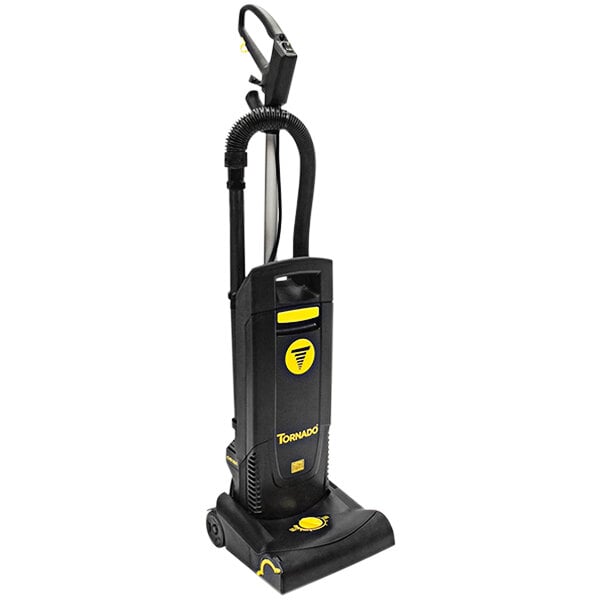 A black and yellow Tornado upright vacuum cleaner.