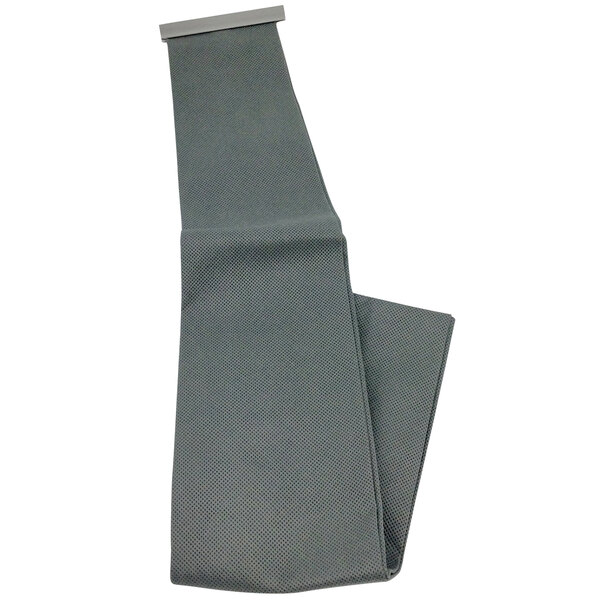 A grey cloth bag with a metal bar.