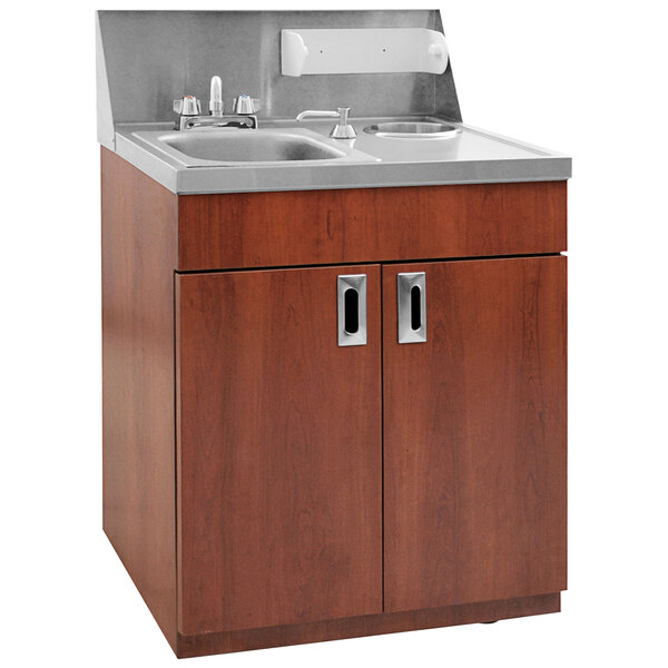 A white laminate Eagle Group portable hand sink with cabinet.