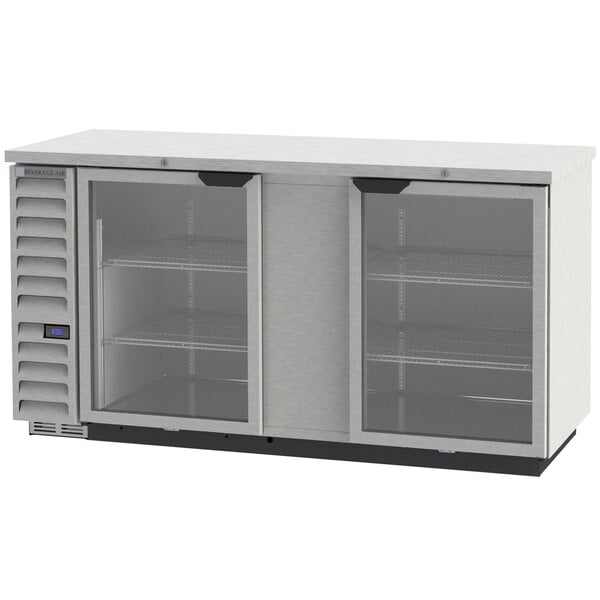 A stainless steel Beverage-Air back bar refrigerator with glass doors.