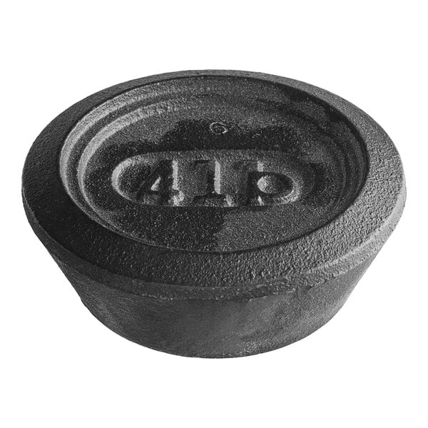 A black cast iron AvaWeigh counterweight with the number 4 on it.