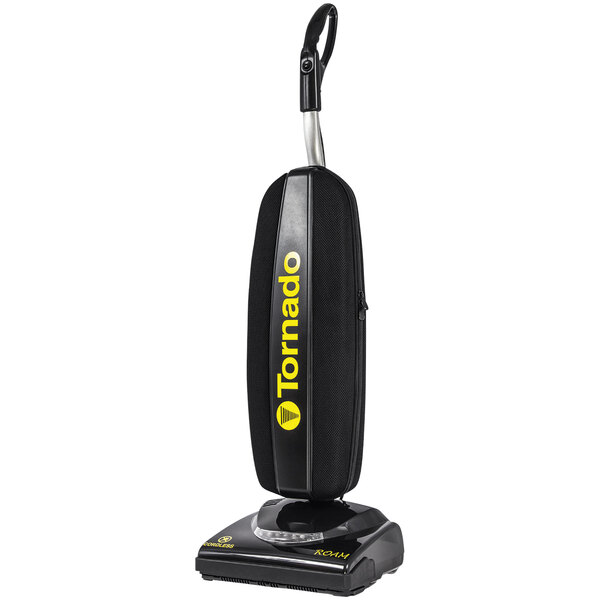 A black Tornado Roam cordless upright vacuum cleaner with yellow text on the front.