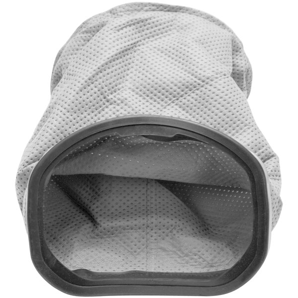A grey fabric bag with a black rubber ring.